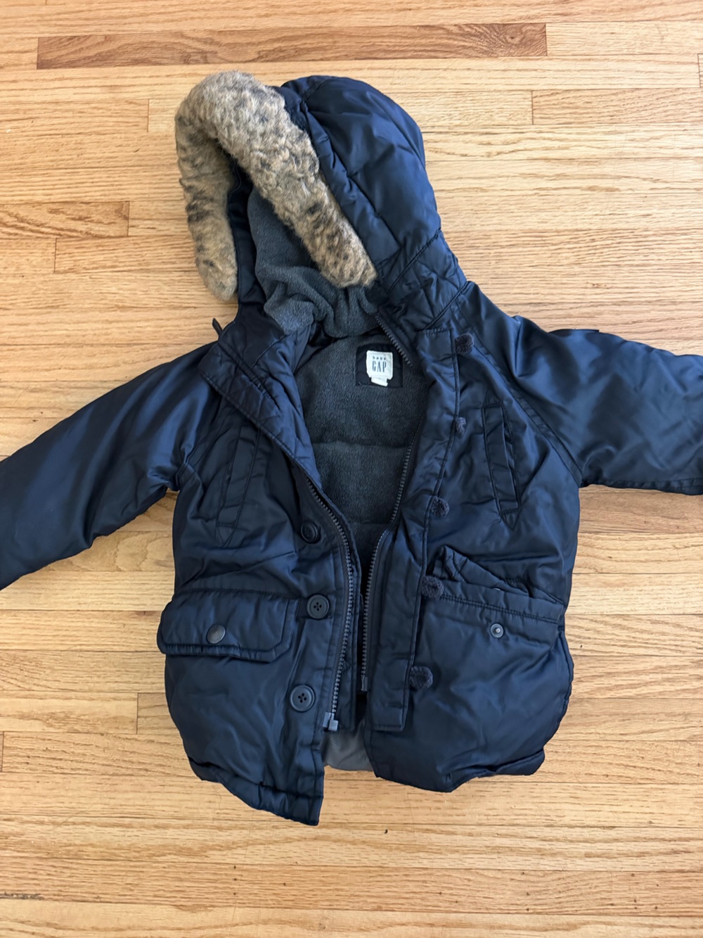 GAP Kids Black Winter Coat Jacket Faux Fur Hood Fleece Lined 3T